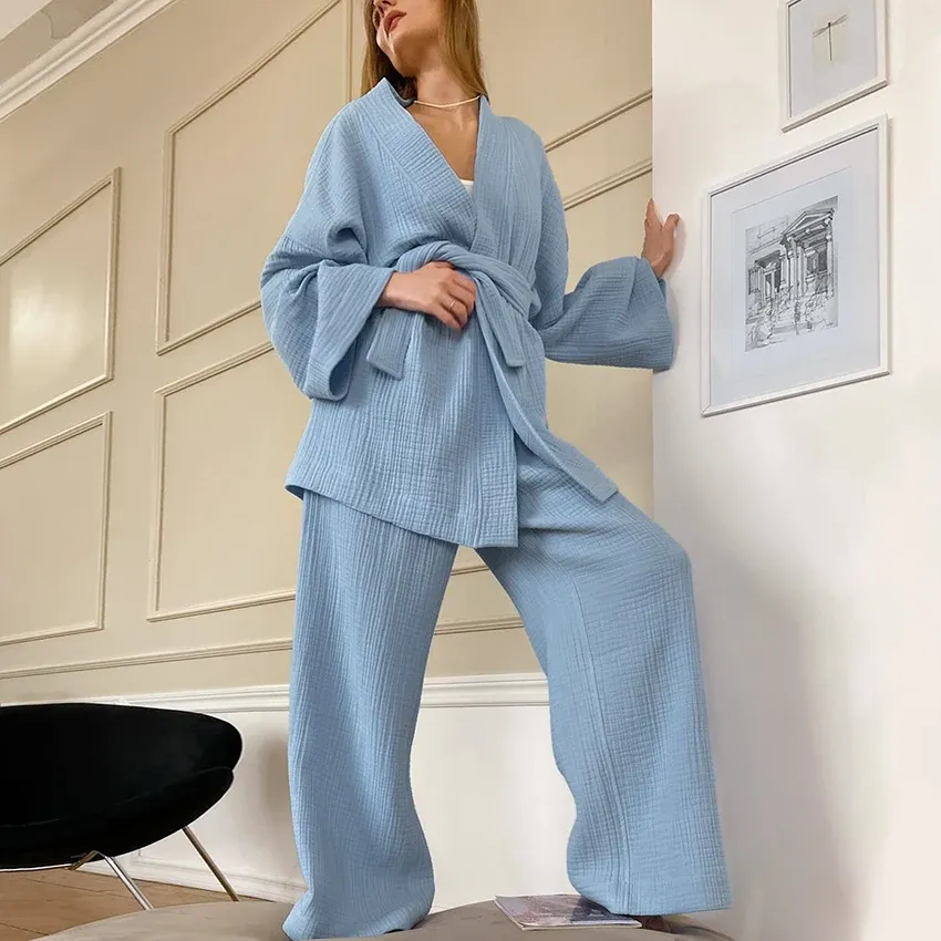 Handskar Hiloc Cotton Sleepwear Women Pama Robe Set Flare Sleeve Nightrown Set Woman 2 Pieces Robes Woman Lace Up Casual Trouser Suits