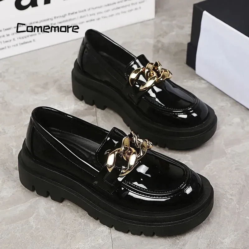 Pumps Comemore Women Fashion Mary Janes Round Toe Loafers Oxfords Platform Casual Metal Chain Ladies Heels Black 2023 Female Shoes 40