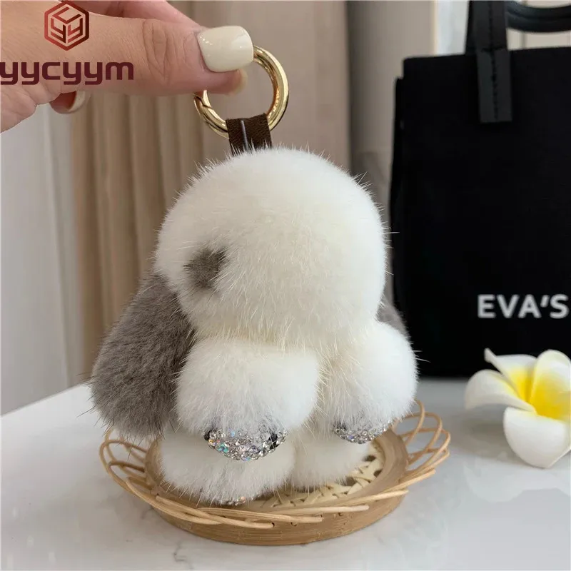 Real Mink Fur Bunny Pendant Bag Jewelry Key Chain Plush Trumpet Cute Rabbit Children Animal Cartoon Doll 240325