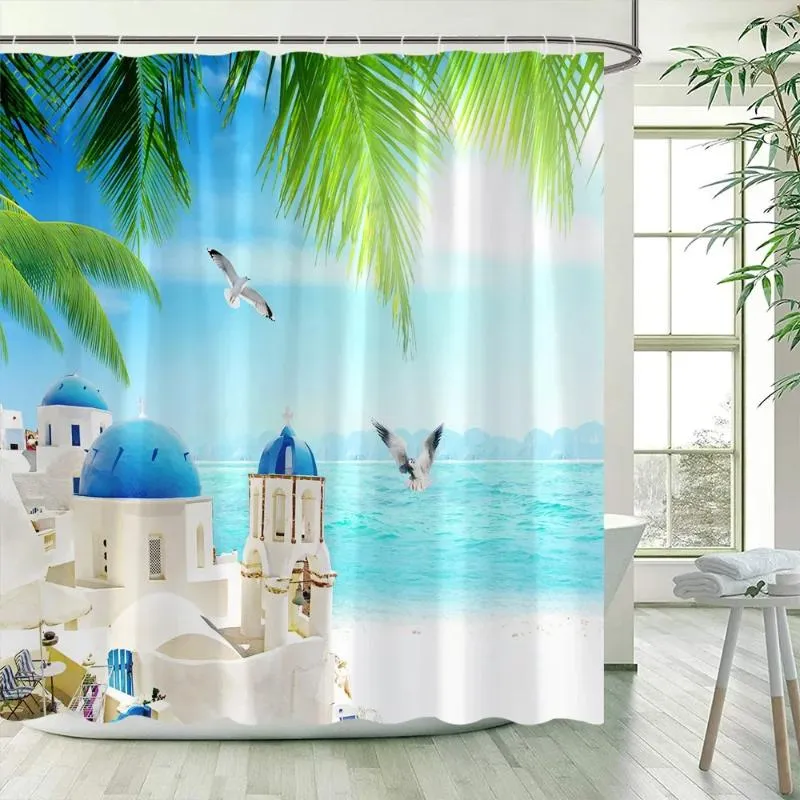 Zasłony prysznicowe nadmorskie liście dłoni oceaniczne ptaki śródziemnomorski krajobraz plażowy kurtyna poliestrowa dekoracje domu z haczykami