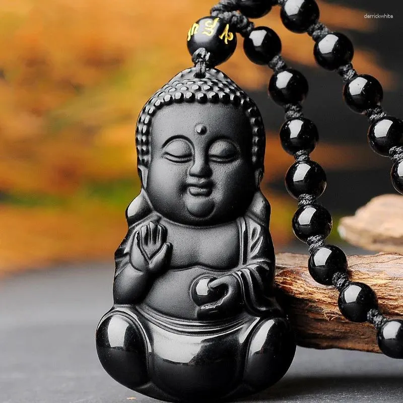 Pendentif Colliers Obsidienne Bouddha Statue Gautama Cristal Collier Hommes et Femmes Bouddhiste Amulette Prière Bijoux