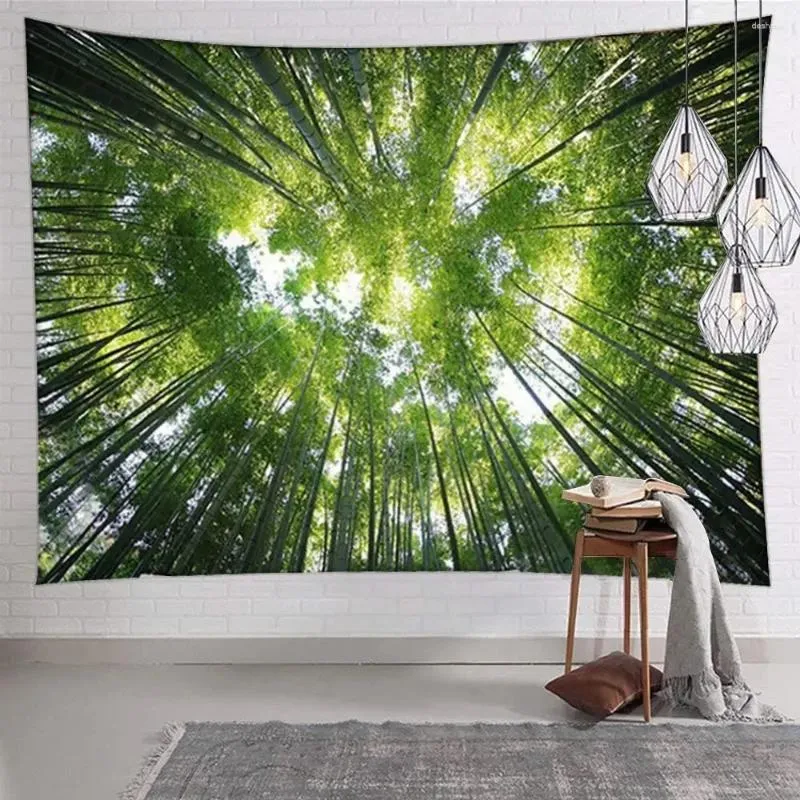 Tapissries Green Nature Forest under Sky Print Wall Art Hängande stor tapetdekor för sovrum sovsal