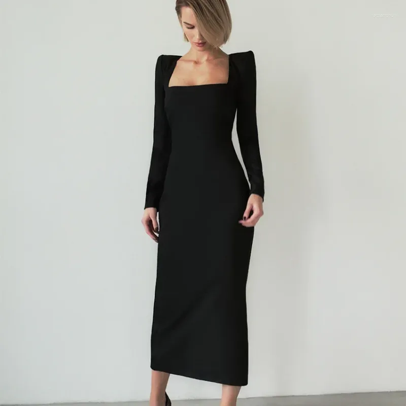 Abiti casual Primavera Elegante Nero Aderente Collo quadrato Partito Donna Autunno Manica lunga Abito Split Solido Abito da sera sexy 2024 Vestido