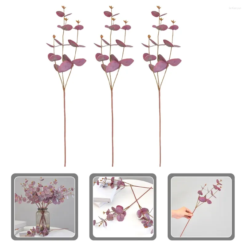 Decorative Flowers 3 Pcs Household Artificial Green Plants Home Decor Fake Eucalyptus Stems Iron Wire Faux