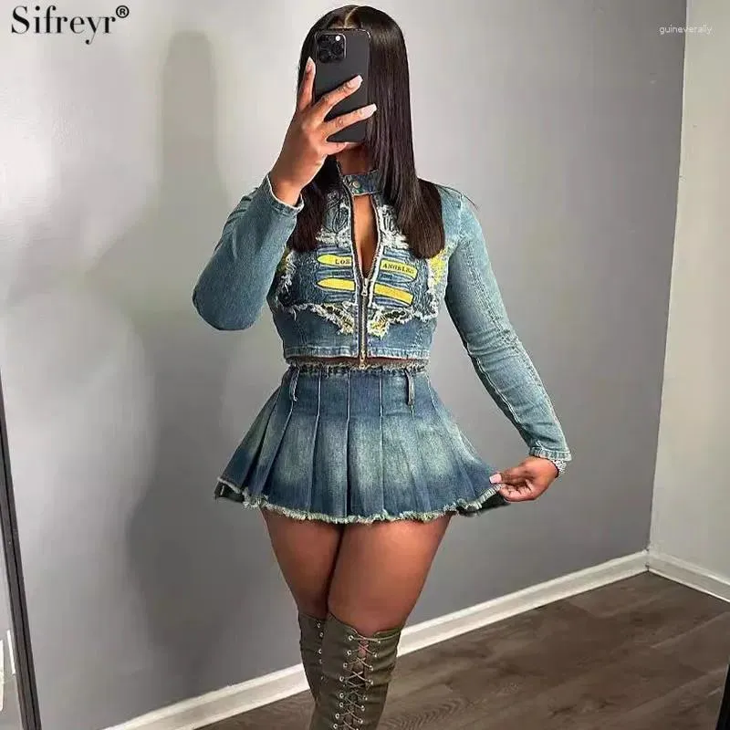 Vestidos de trabalho Sifreyr Lmitation Denim saias plissadas definir meia gola alta manga comprida bordado zíper cardigan top envolto hip saia terno