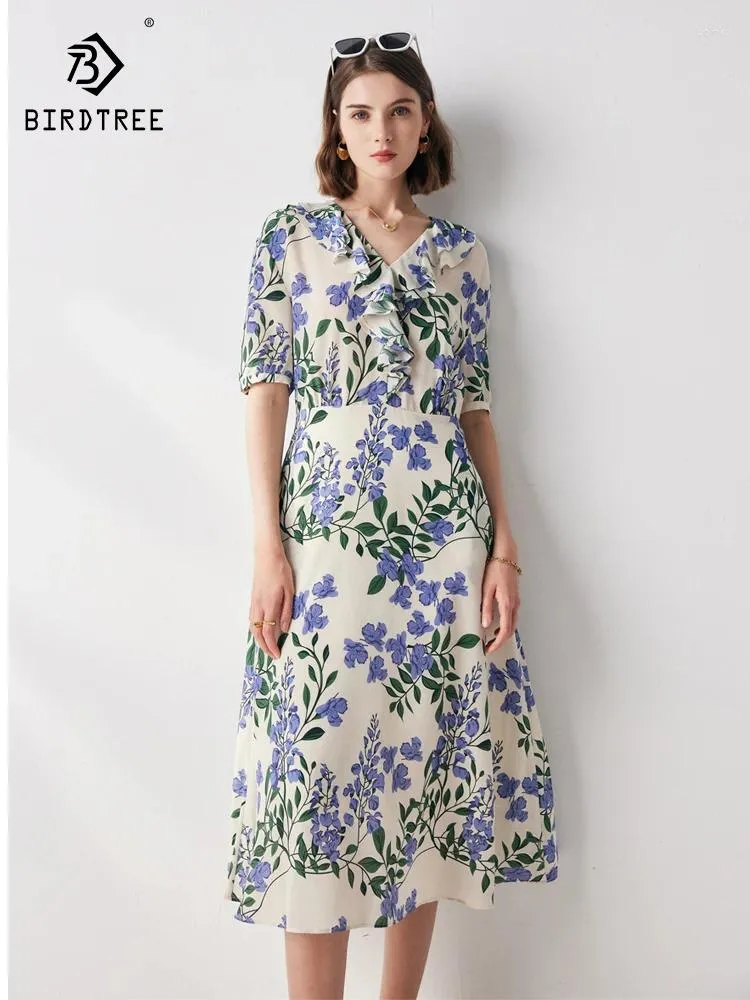 Sukienki imprezowe Birdtree Mulbert Silk Sukienki z krótkim rękawem Kobiety kwiatowy francuski w stylu francled ruf do podwójnej krepii 2024 Summer D37483QC