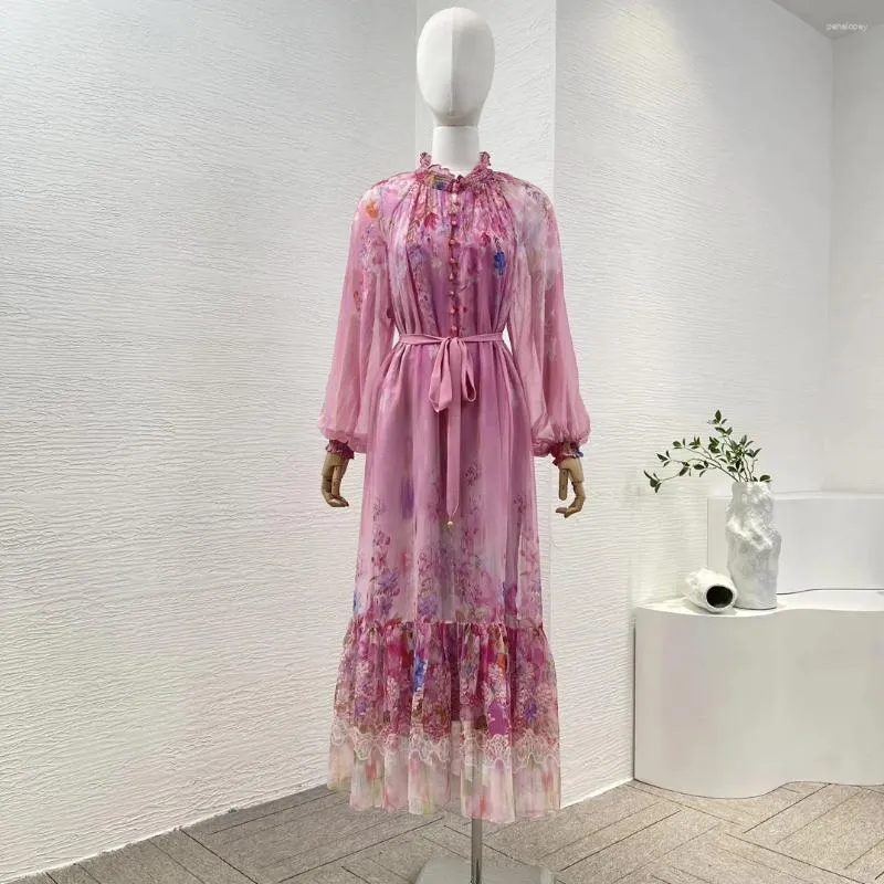 Casual Jurken 2024 Hoge Kwaliteit Originele Worldcloset Roze Bloemenprint Lange Mouwen Volants Ruche Losse Midi Jurk Voor Vrouwen