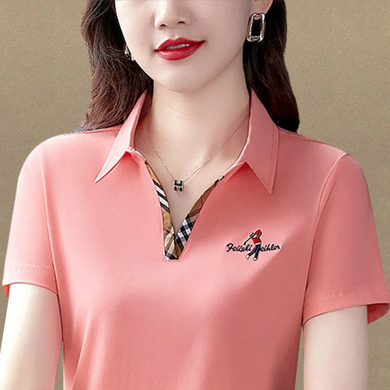 Women's Polo Shirt Summer New Short Sleeved T-shirt Women's Lapel Casual Girl POLO Shirt Solid Color Sports Top