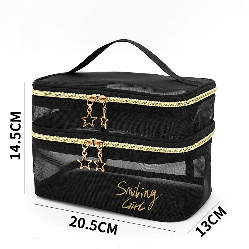 Trousse de maquillage en maille noire de grande capacité, pochette de rangement décontractée à fermeture éclair, sacs de lavage de toilette, sac de maquillage de voyage pour femmes