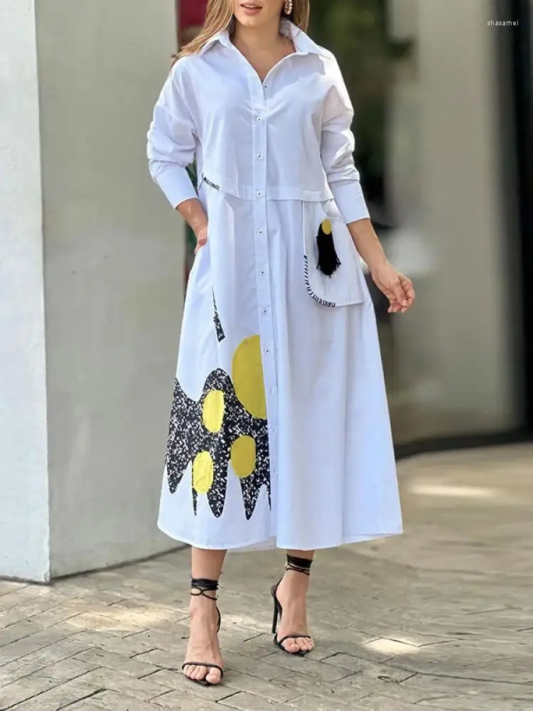 Casual Dresses Yeezzi Women Fashion Elegant Printed Lapel Shirt Dress 2024 Spring Autumn långa ärmar Loose Going Out Midi