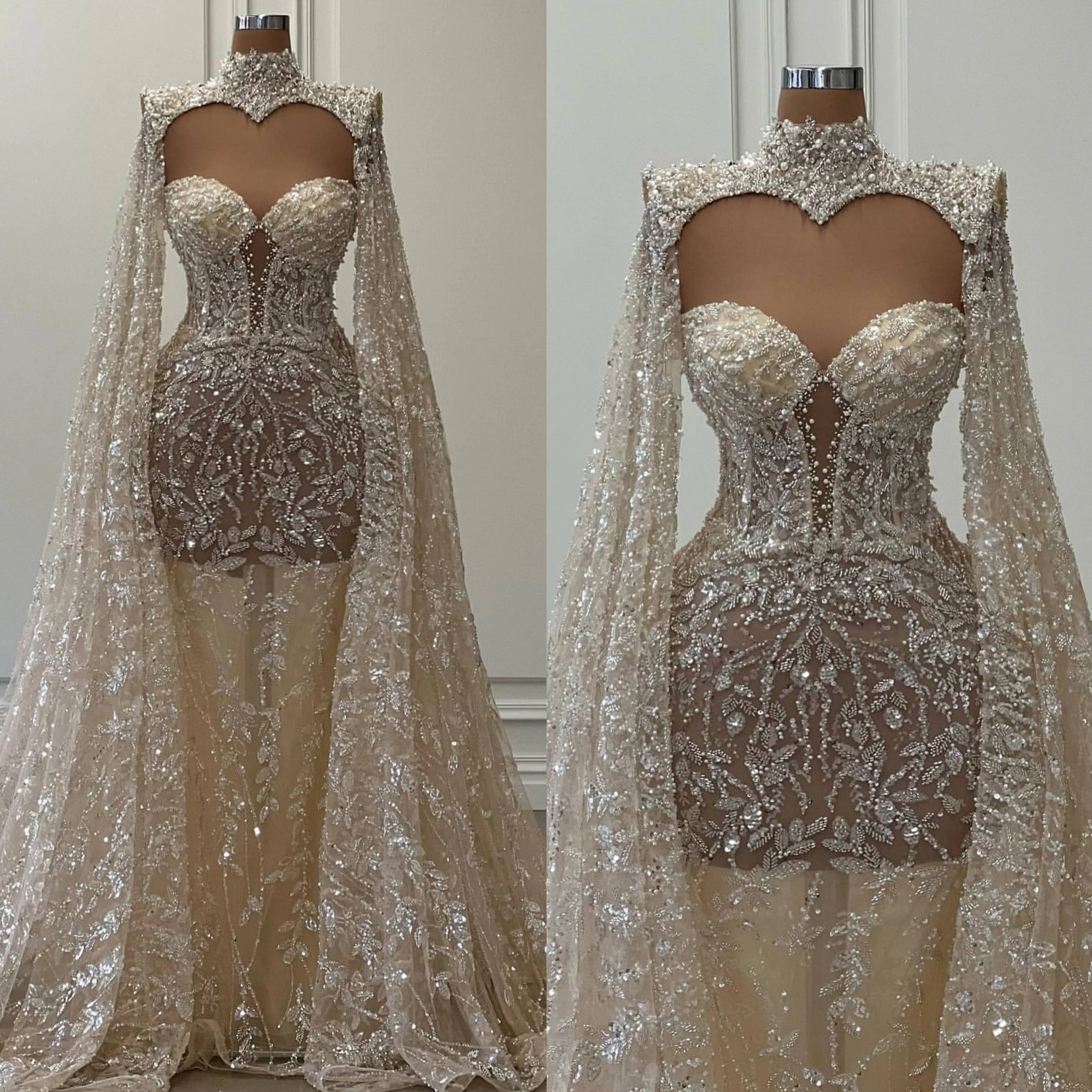 Champagne Charte légère Robe de mariée sirène Saudi Arabe perle des robes de mariée en dentelle