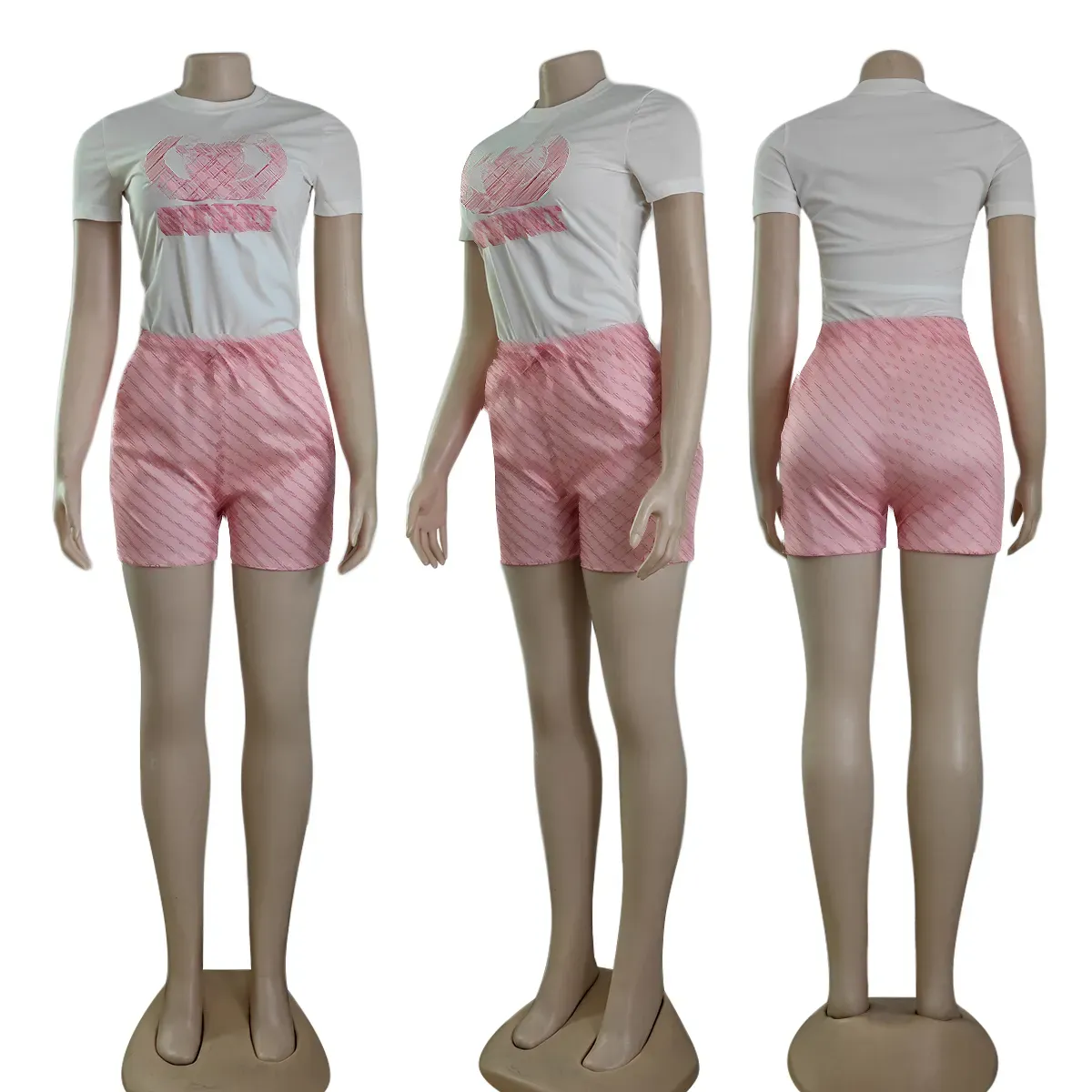 Women`s Workout Suit Lounge Pants Set Women Jogging Wear Designer Short Sleeves and Fashion Pink Shorts Tracksuit Set