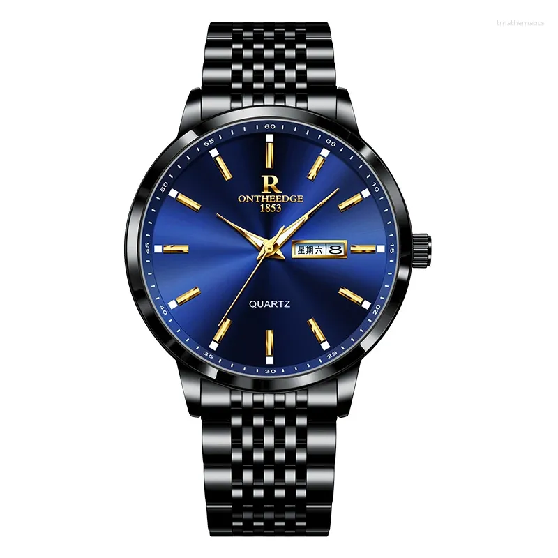 Relógios de pulso preto / prata / azul moda masculina relógio mecânico safira luxo calendário duplo movimento automático à prova d'água