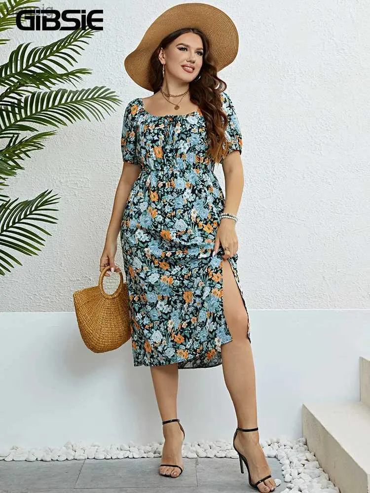 Vestidos sexy urbanos Gibsie Plus Tamaño Estampado floral Nudo Frente Puff Slive Vestido para mujer Verano 2023 Bohemian Holiday Cintura elástica SWT Split Vestido largo Y240402