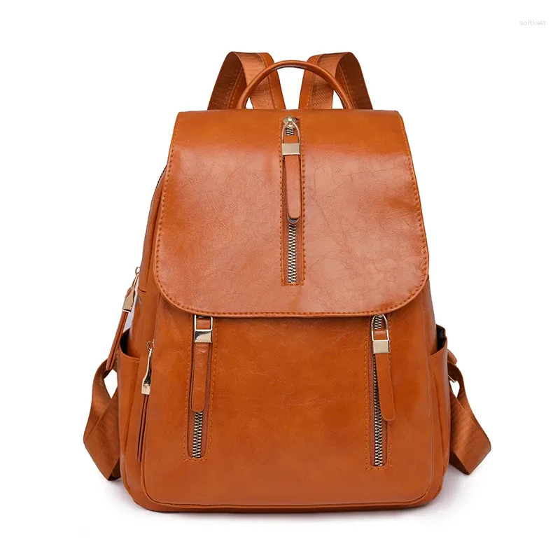 Sacs d'école de haute qualité rétro en cuir couleur unie grande capacité fermeture éclair conception sac à dos pour femmes Mochila Bolsas Femininas femmes