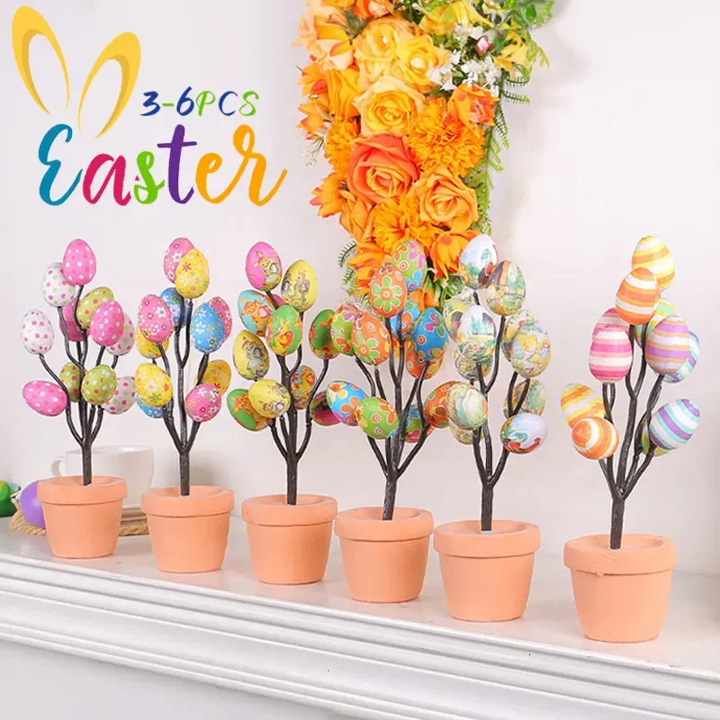 3/6 piezas Decoración de Pascua Huevo en maceta Pascua artificial Árbol de huevos colorido para fiesta Escritorio Sala de estar Decoración del hogar 2024 Regalos para niños 240322