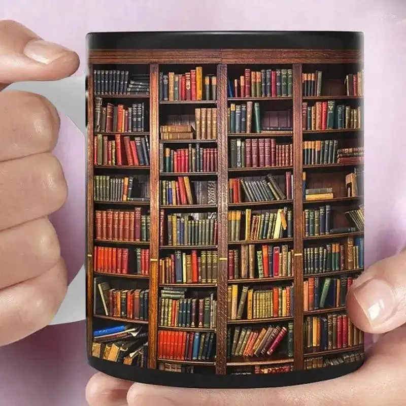 Mugs Library Shelf Cup Bookhelf Mug för bokälskare bokar Black Librarian Club Bookworm Abstract 350 ml kaffe te mjölk