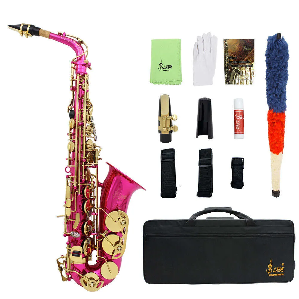 Slade Advanced E Flat Alto Saxophone Eb Professional Top Musical Instrument Saxe Sax med Case Mouthpiece Handgjorda snidade mässing Abalone Shell Button Rose Red Style