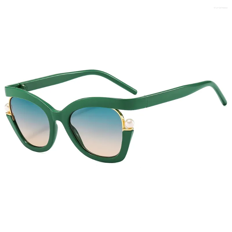 Sunglasses Cat Eye Pearly Women Square Luxury Female Sun Glasses Ladies Green Shades Summer Eyewear UV400 Gafas