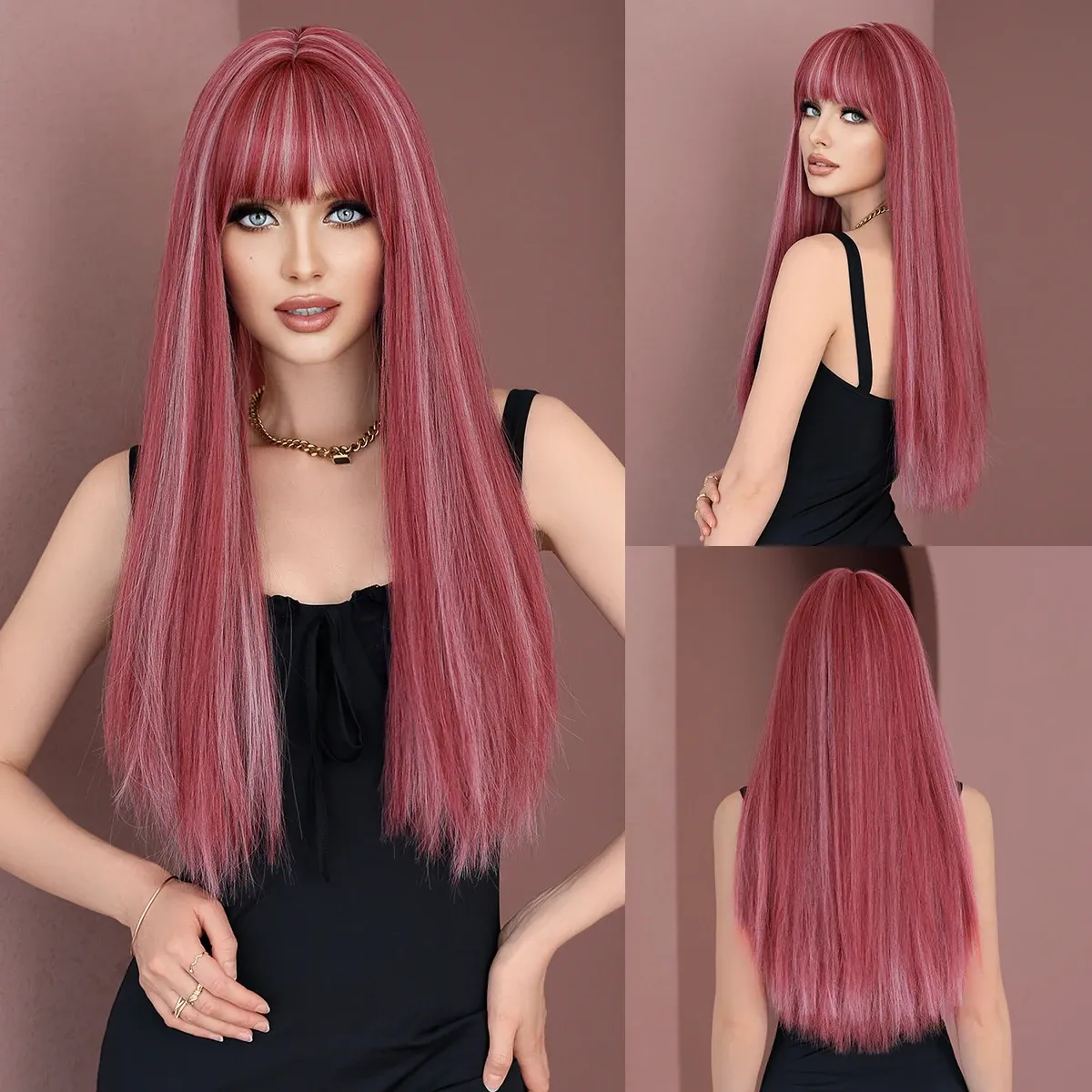 Wigs NAMM Long Straight Pink Wigs with bangs for Women Highlights white Popular Sweet Synthetic Wig for Daily Cosplay