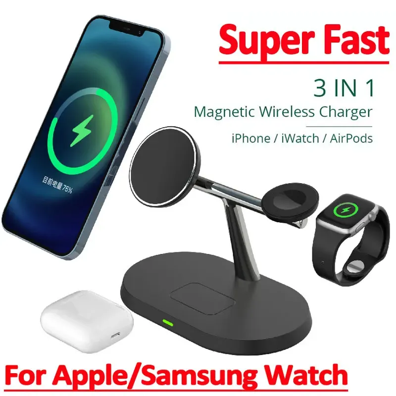 Chargers 3 in 1 Caricatore magnetico Wireless Carica rapida MacSafe per iPhone 13 14 12 Pro Max Samsung Apple Watch AirPods Pro Station