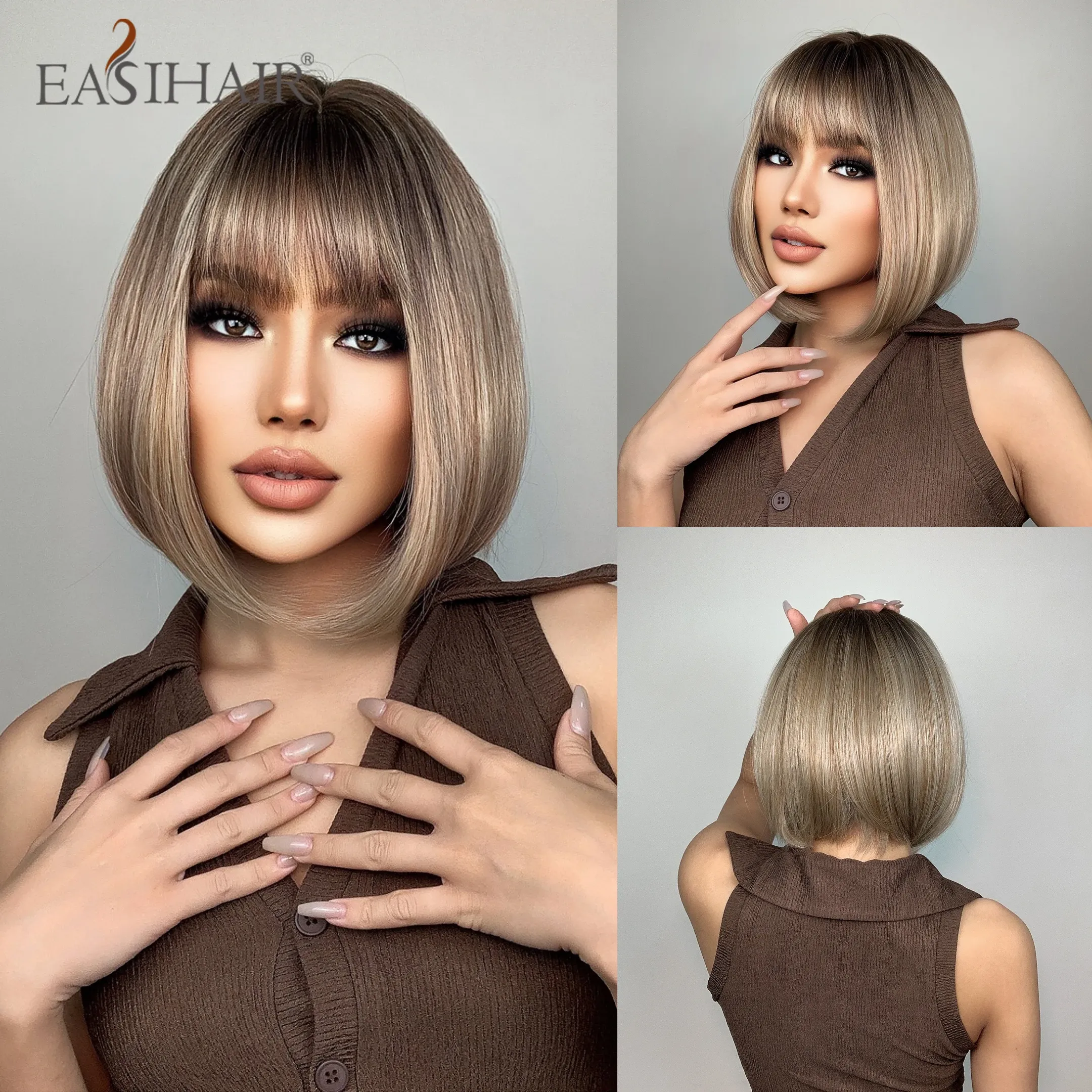 Perücken Easihair Brown zu blonden Ombre Naturalhaar Perücken für Frauen kurz gerade synthetische Bob -Perücken Hitzebeständige Cosplay Daily Perücken