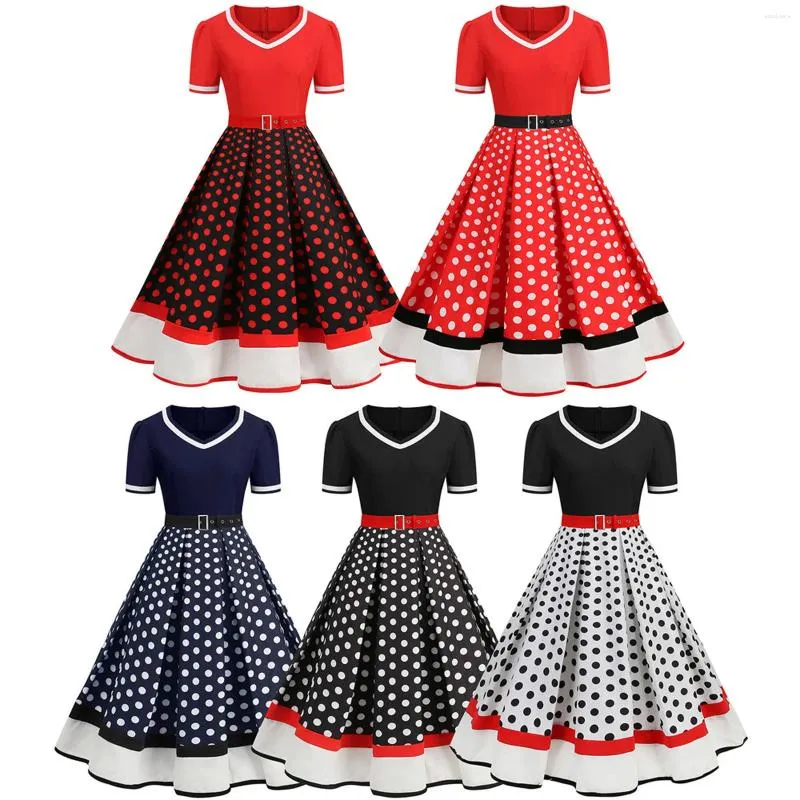 Robes décontractées Polka Dot Swing Femmes Été 2024 Hepburn Style V-Col V-Cou Robe à manches courtes Pinup Vintage Rockabilly Party Robe de bureau