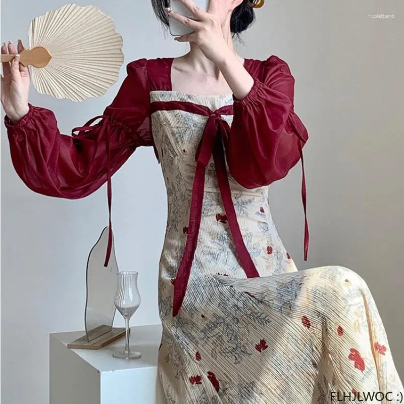 Casual klänningar japansk vacker klänning mori flickor s kvinnor mode söt snörning fluga tie semester party blommig tryck vintage länge