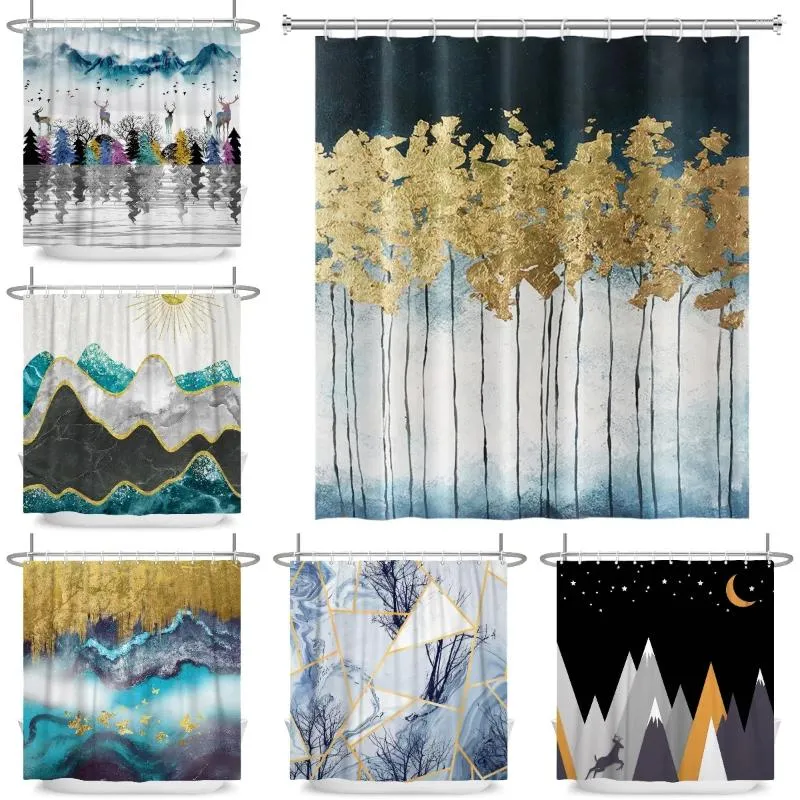 Douchegordijnen in Scandinavische stijl kunstschilderijgordijn elandenbos geometrische textuur zon en maan badkamerdecoratie bedrukt