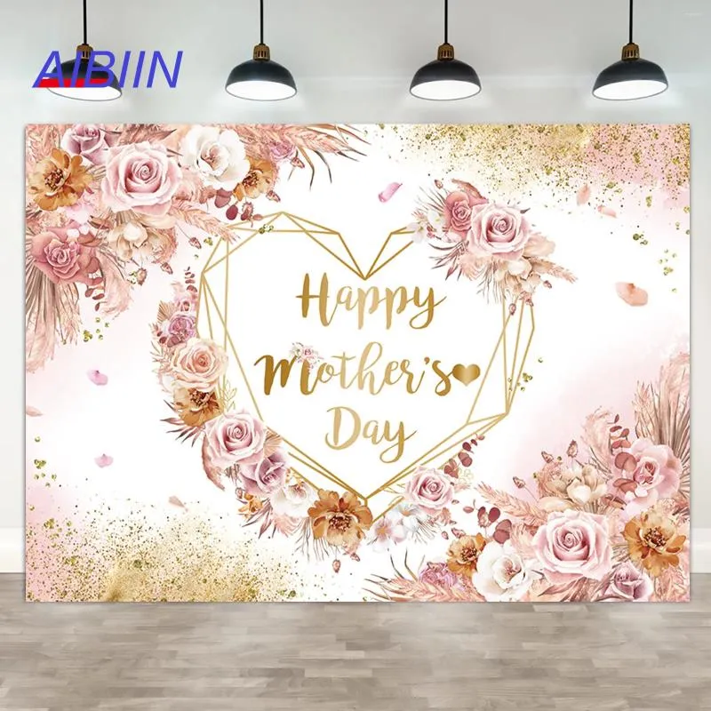 Party Decoration Happy Mother's Day Boho Pography Backdrop Love Heart Bohemian Flower Gold Powder Red Background Decor For Mother Mum