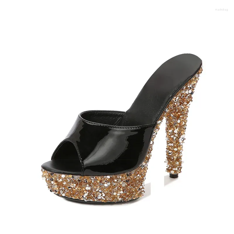 Pantoufles chaussures pour femmes strass discothèque talons épais haut modèle Catwalk acier 8661 série 13cm talon 3cm plate-forme LFD