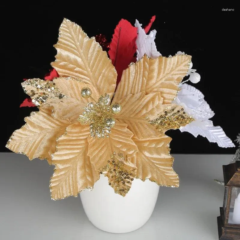 Dekoratif çiçekler 28cm yapay gül sahte Noel ağacı parti süsleri altın parıltı xmas ev dekor çelenk aksesuarları