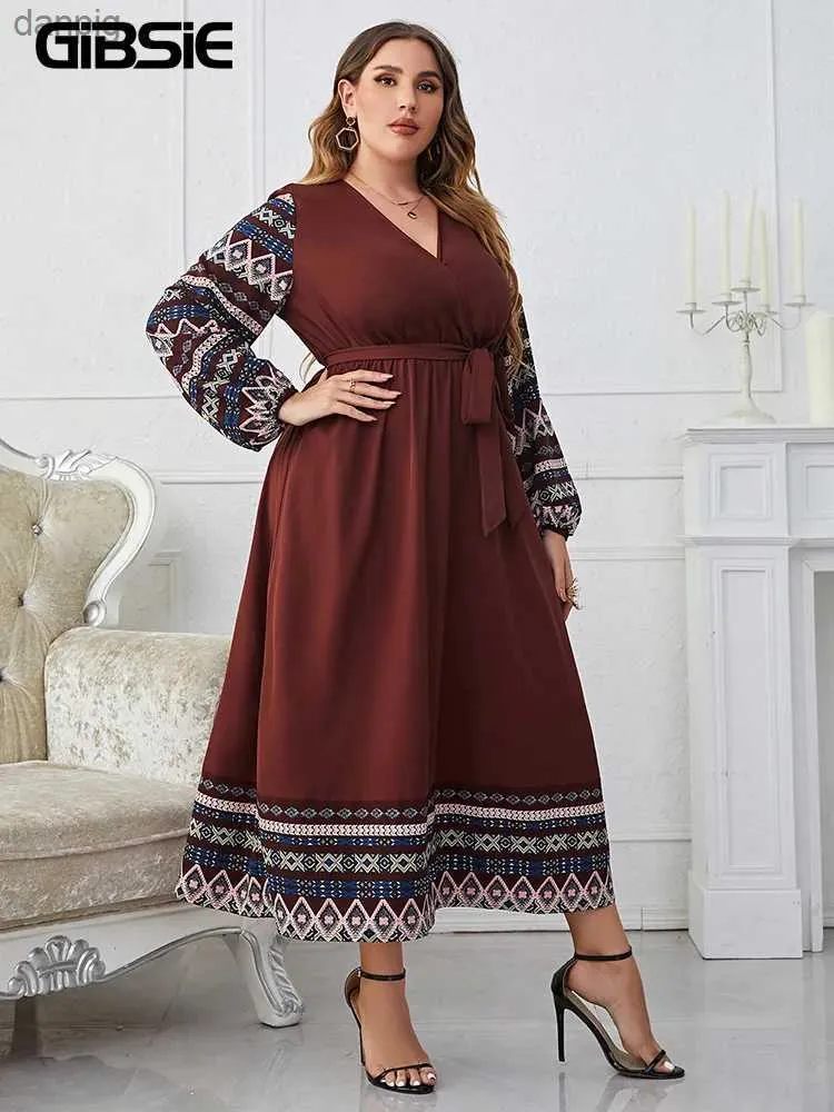 Robes sexy urbaines GIBSIE grande taille surplis cou lumière esclave robe à imprimé ethnique femmes printemps et automne ceinture taille haute décontractée robe longue Y240402