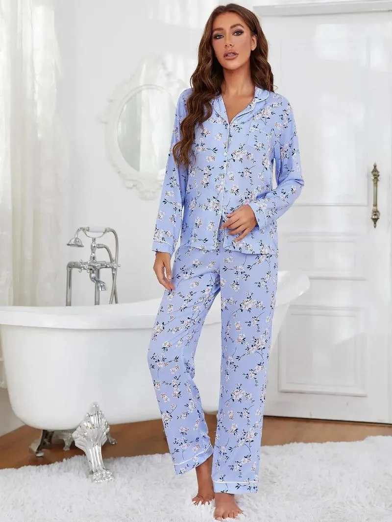 Home Abbigliamento Colletto dentellato Pigiama da donna Set Stampa floreale Bottoni Top Pantaloni a figura intera Cotone Donna 2 pezzi Indumenti da notte Pigiami