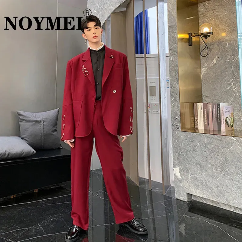 Noymei Iron Ring Decoration Wine Red Suit Korean Fashion Solid Color Man Luxury Autumn Winter Personlig design WA164 240326