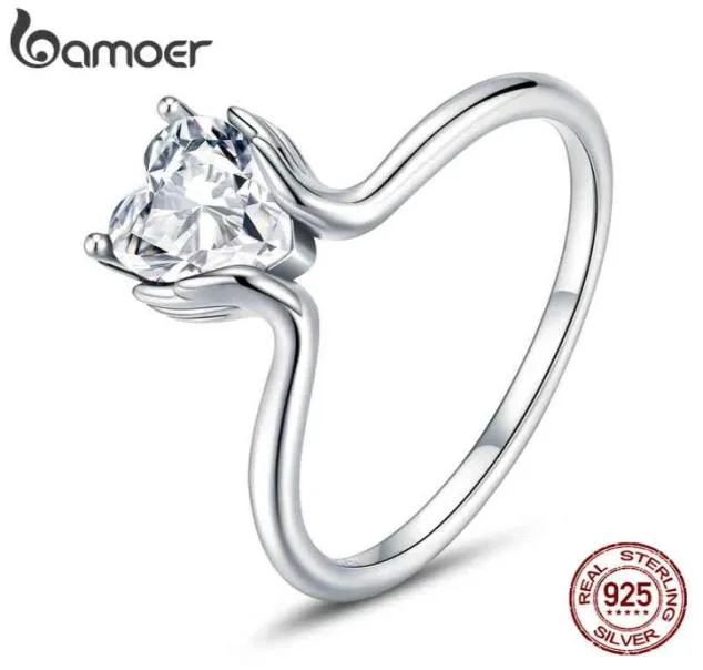 Bamoer 925 en argent Sterling brillant amour éblouissant brillant coeur forme cristal bague de fiançailles de mariage Jewelry2093349