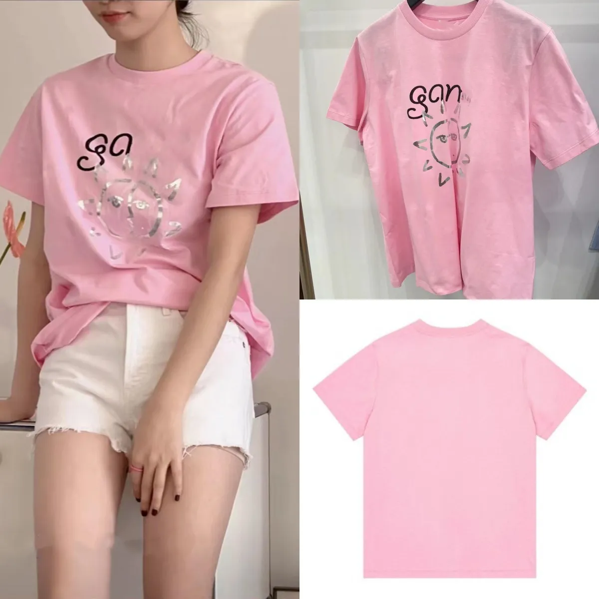 T-shirt à manches courtes et col rond pour femme, en coton imprimé avec lettres micro-étiquetées roses, nouvelle niche, début du printemps