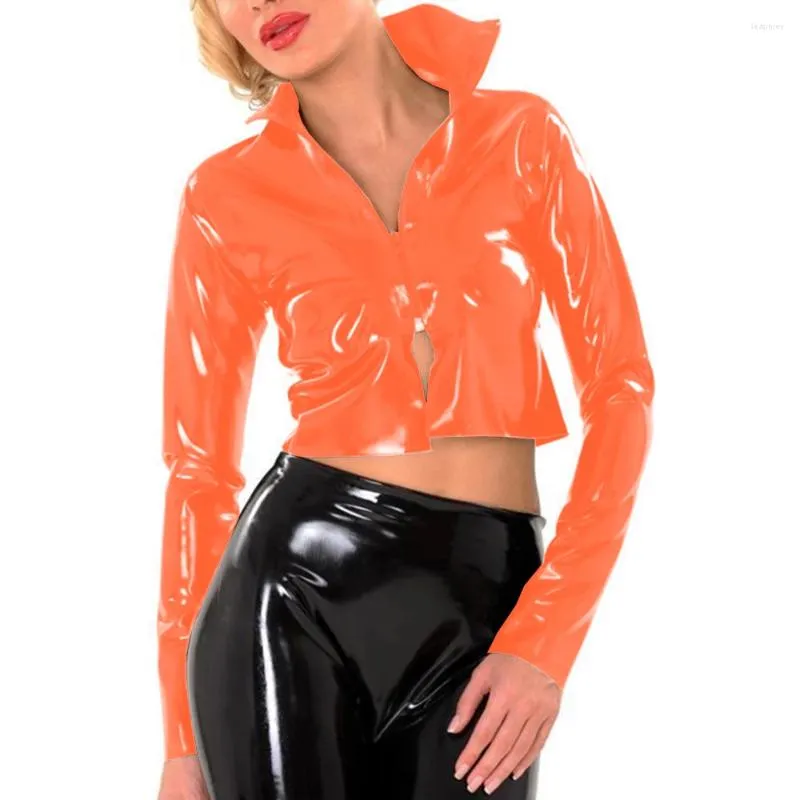 Kvinnorjackor Glossy Leather Jacket dragkedjor Spring Shiny Faux Stand Collar Crop Top Motor Biker Kort rockar Kvinnliga PVC -toppar