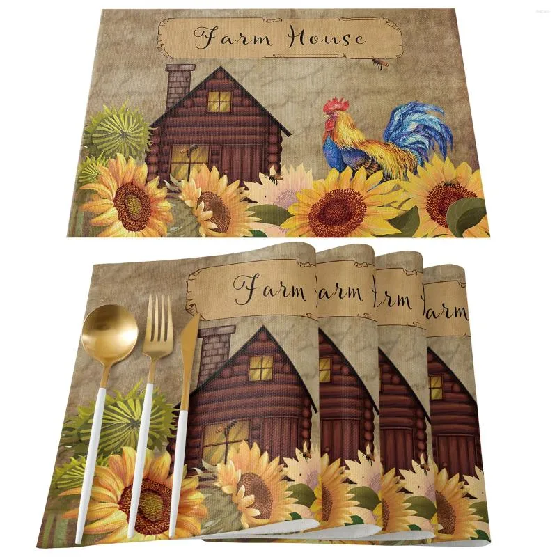 Bord Mats Farm Sunflower Rooster Barn Placemat för matbord 4/6st Kök Mat Matt Pad Counter Top Home Decoration