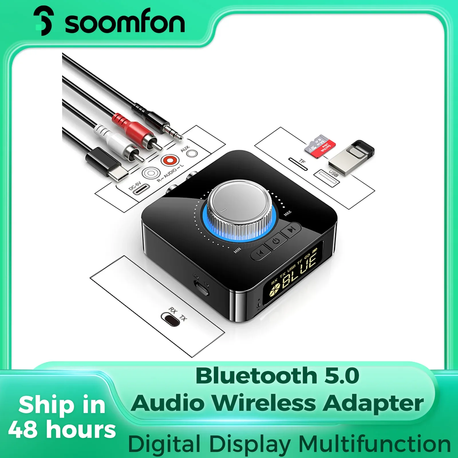 Connectors Soomfon Bluetooth 5.0 Audio Adapter TV 2in1 ontvangerzender 3,5 mm Aux RCA TF/Udisk Jack LED -display voor Home Car Stereo