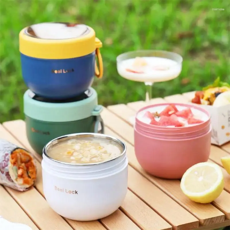 Dinnerwaren Suppe Tasse Versiegelung und Leckdofter Bento Box Water Drop Griff eingebautes Tischgeschirr 600 ml Edelstahl Mittagessen Haushaltsvorräte