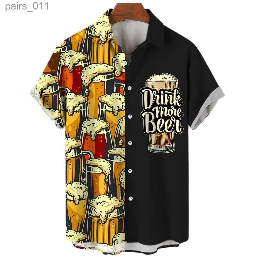 Casual shirts van heren Hawaiiaans strand Harajuku-shirts voor mannen 3D-print bier korte mouw T-zomerse vakantiestijl met één borte toppen reversoverhemden 240402