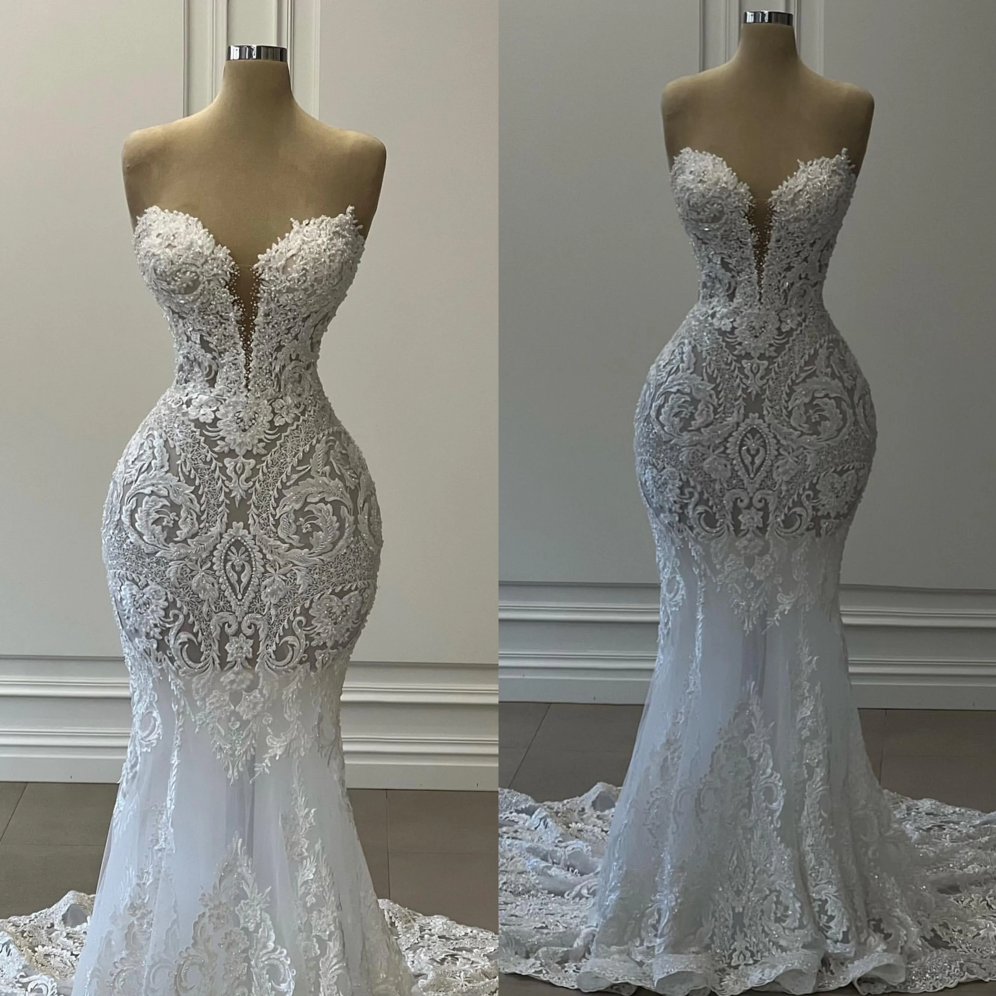 Elegancka koronkowa sukienka syrenka kochanie Fulllace Sukienki ślubne suknie ślubne bez pleców Train Koronki projektanta szata de Mariage