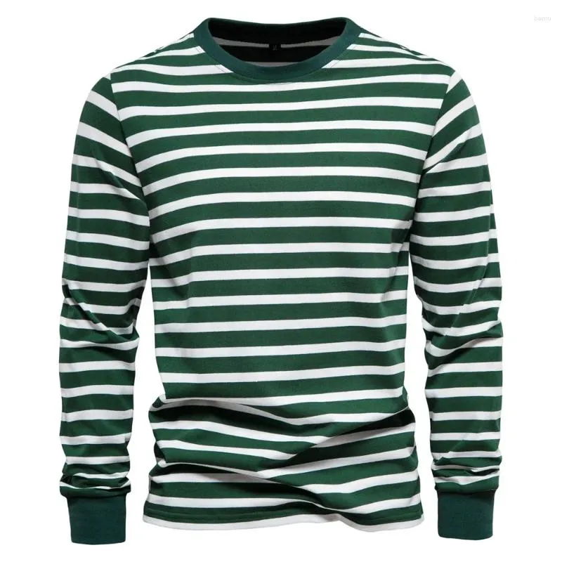 T-shirts pour hommes automne coton à manches longues hommes contraste rayé col rond T-shirt qualité marque vêtements masculins