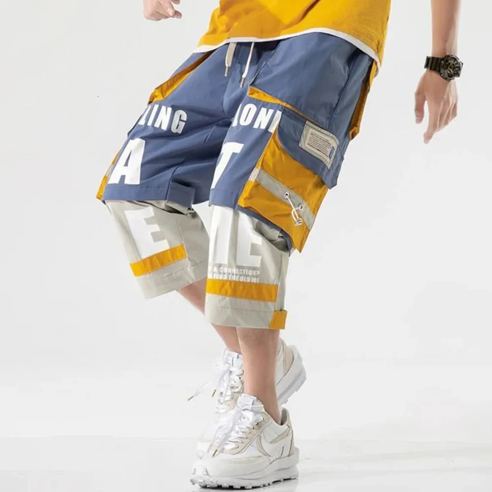 Sommer Mode Männer Shorts Casual Hiphop Streetwear Harajuku Tasche Fracht Farbe Kontrast Patchwork Druck Straße Retro Japan 240321