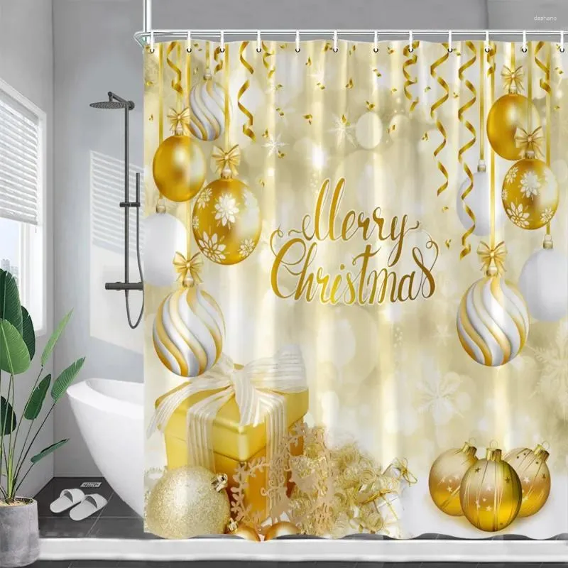 Rideaux de douche Joyeux Noël Rideau Boules de Noël Cadeau Année Tenture murale Maison Salle de bain Décoration Polyester Tissu Ensemble de bain