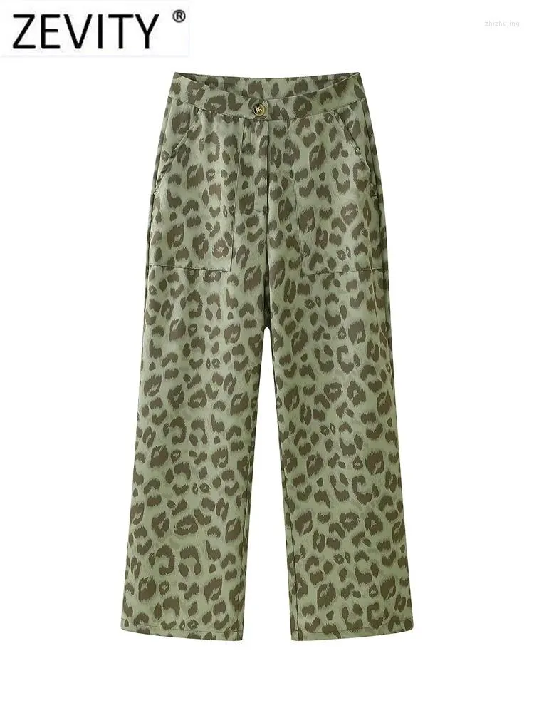 Pantaloni da donna Zevity 2024 Donna Vintage Leopard Print Tasca laterale Dritto femminile Chic Zipper Pantaloni lunghi Pantalones Mujer P301