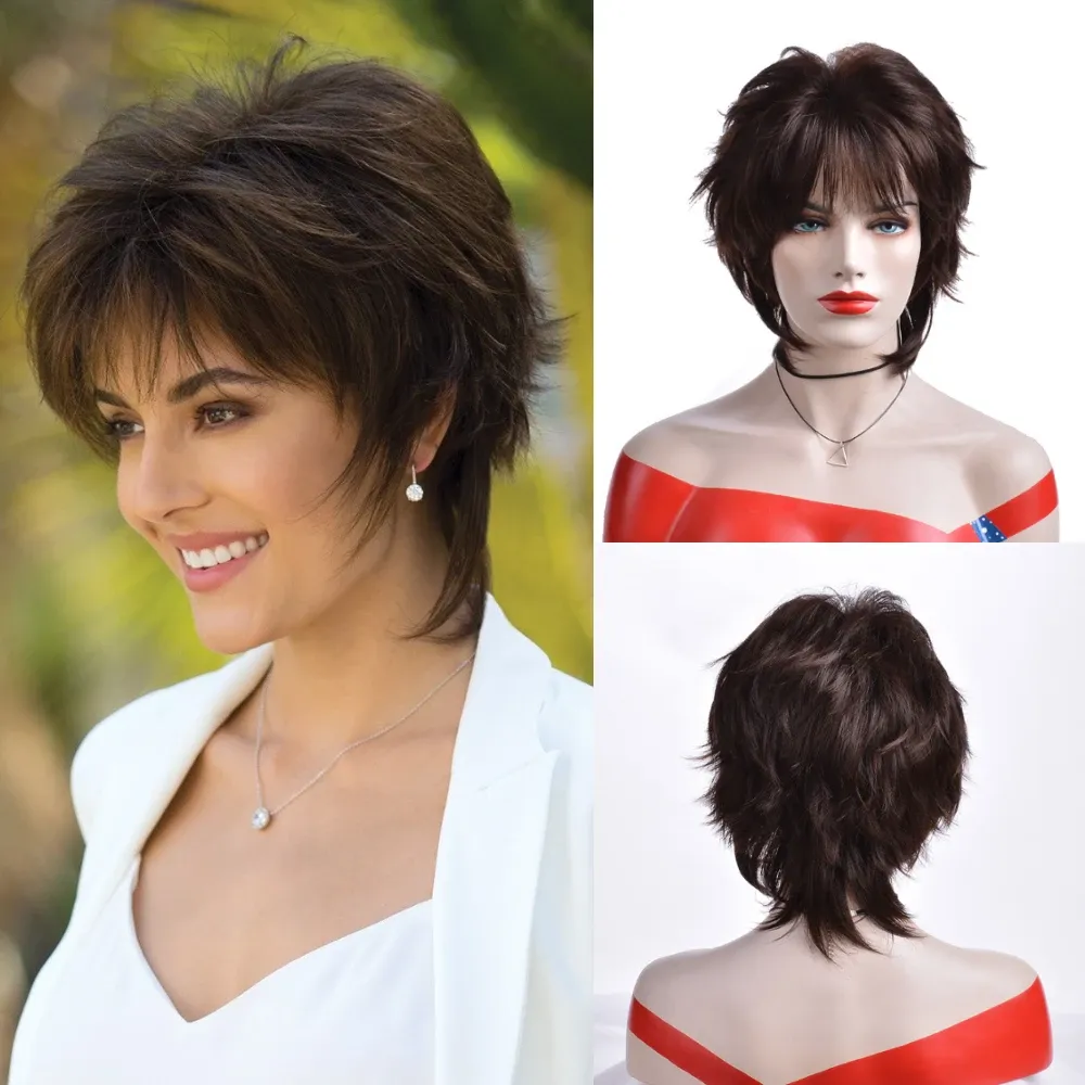 Peruki msiwigs proste krótkie peruki dla kobiet ciemnobrązowe syntetyczne włosy z grzywką Ombre Hair z atrakcjami