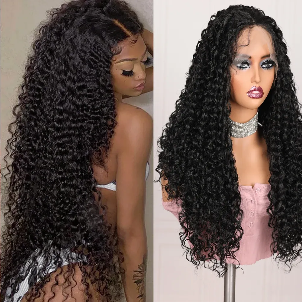 Perruques Natural Black synthétique 26 pouces de long 180% densité Kinky Curlyless 13 * 4 * 1 Wig Front pour femmes Babyhair Daily Cosplay