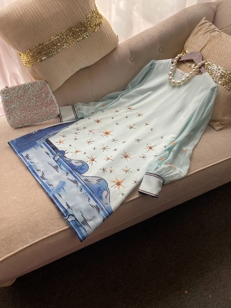 Blue Contrast Color Stars Print Beaded Dress with Rhinestone Decoration,  Short Sleeve Crew Neck Above Knee A-Line Dress from Dhgate Basic & Casual  Dresses - price 65.49
